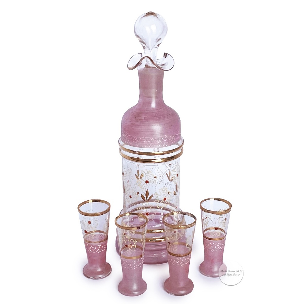 Vintage Barware Set Pink Cordials 6pc Decanter, Stopper and 4 Glasses 50s MCM